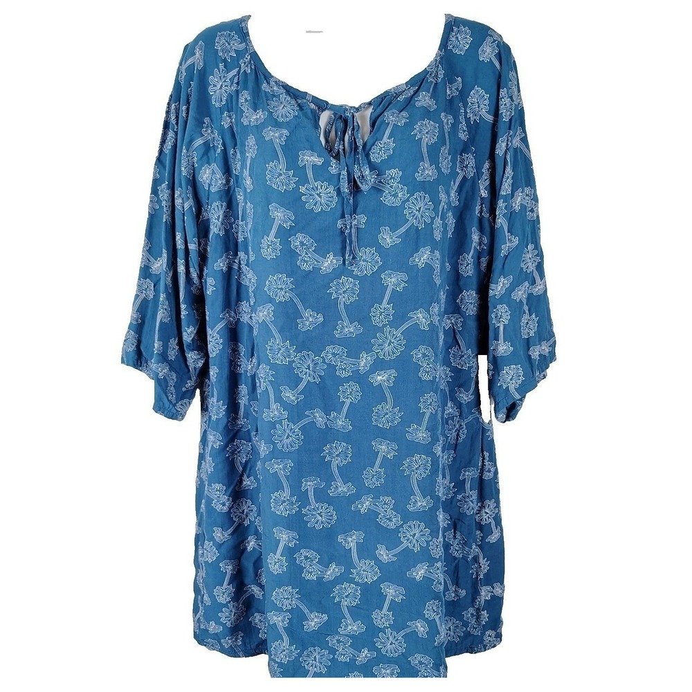 Tybee Island Clothing Co Blue Palm Tree Print Rayon Tunic Top XL tropic cover up